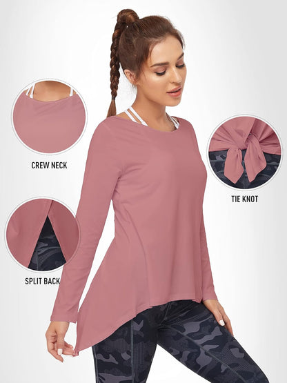 Open Back Workout Tops for Women Long Sleeve Yoga Tops Split Back T-Shirts Athletic Tunis Tops Athleisure Womens Clothes for Gym Running Exercise Sports Pink X-Small